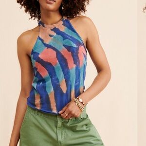 We The Free Work It Tank Top Cotton Blue Tie Dye with Cutout Back Small